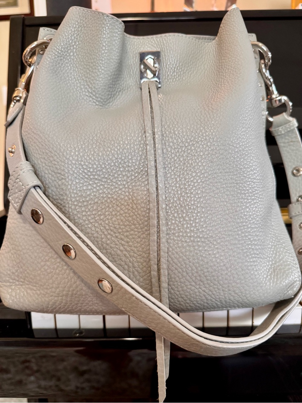 Rebecca Minkoff Light Gray Pebbled Leather Shoulder Bucket Bag